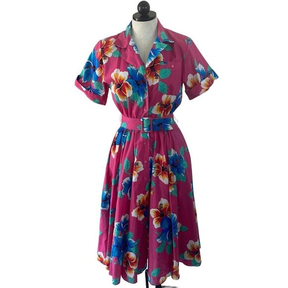 Vintage 1980s Womens Dress Size 6 Pink Floral Tropical Midi Belt Pure Cotton